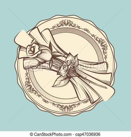 450x470 Vintage Romantic Table Setting. Vector Hand Drawn Rose And Napkin - Table Setting Sketch