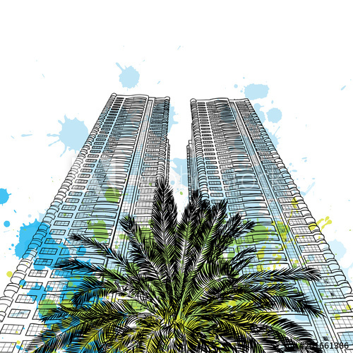 500x500 Hand Drawn Sketch With Watercolor Splashes Of Dubai Luxury Hotel - Tall Building Sketch