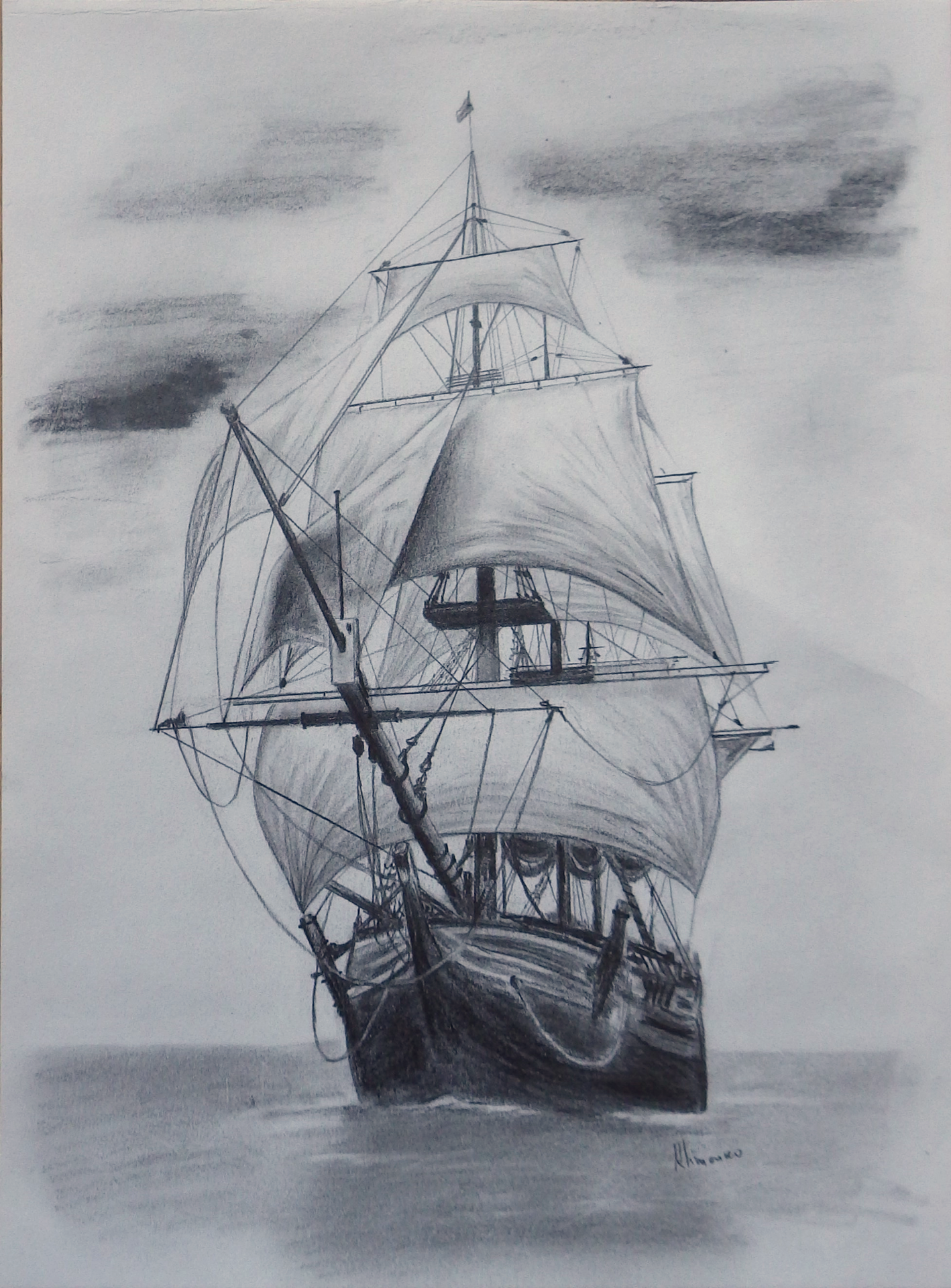 1418x1920 Old Tall Ship, Sail Ship Sketch. Original Art, Graphite Pencil - Tall Ship Sketch