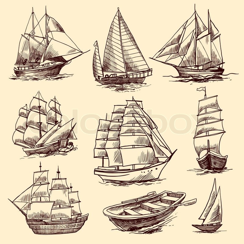 800x800 Sailing Tall Ships Yachts And Boat Sketch Decorative Elements - Tall Ship Sketch