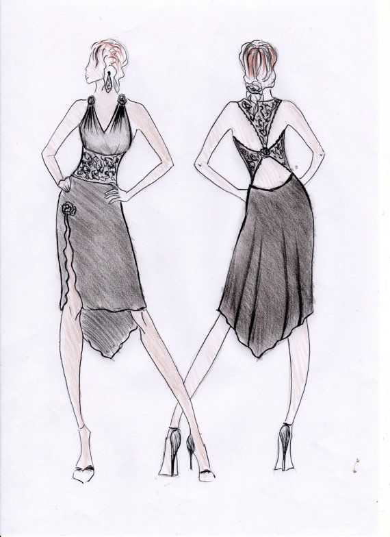 570x784 Sketch Tango Dance Dress To Order, Milonga, Black With Lace - Tango Sketch