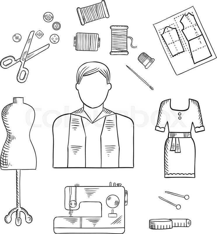 743x800 Tailor Or Fashion Designer Profession Sketch Icon With Male - Tape Measure Sketch