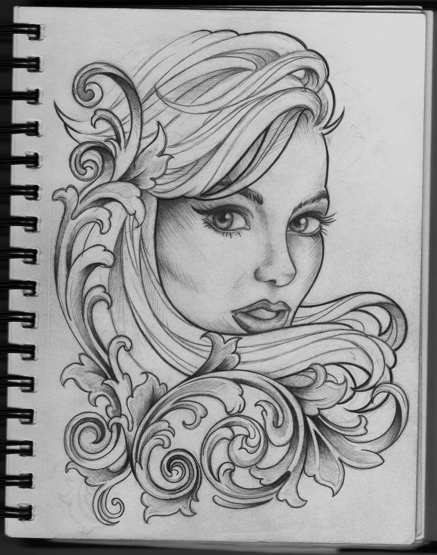 900x1142 Woman And Filigree Tattoo Design By Frosttattoo - Tattoo Girl Sketch