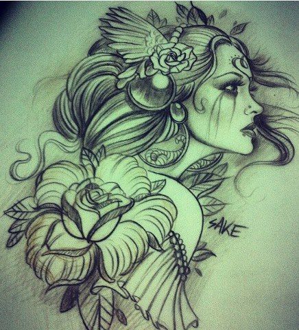 436x480 Sake Girl Tattoo Sketch - Tattoo Girl Sketch