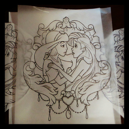 500x500 Ariel Girls Outline Tattoo Sketch - Tattoo Girl Sketch