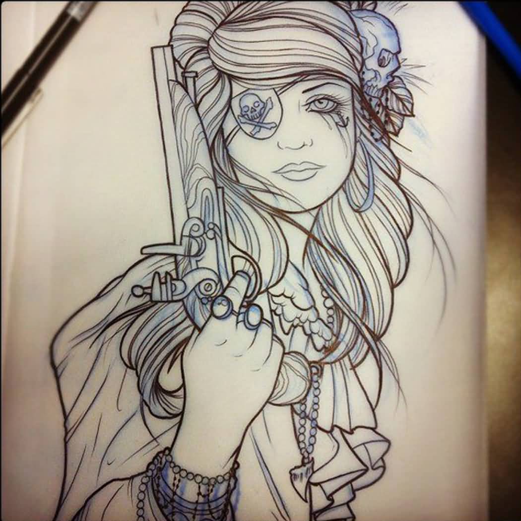 1050x1050 Awesome Pirate Girl Tattoo Sketch By Dave Olteanu - Tattoo Girl Sketch