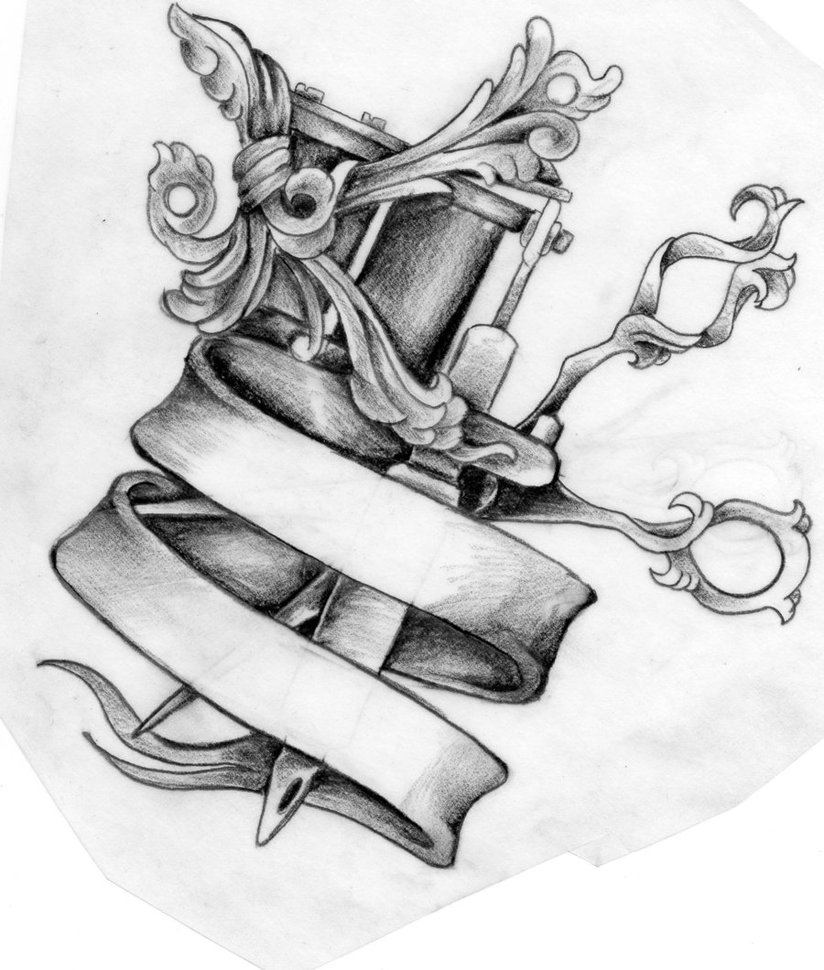 824x970 Scissors And Tattoo Machine Tattoo Design By Mustang Inky On - Tattoo Gun Sketch