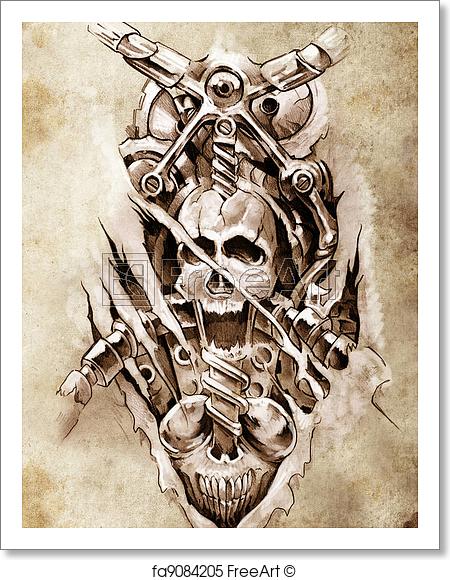 450x580 Free Art Print Of Tattoo Art, Sketch Of A Machine Gears And Skull - Tattoo Machine Sketch