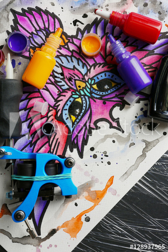 334x500 Tattoo Machine, Sketch And Supplies On Table - Tattoo Machine Sketch