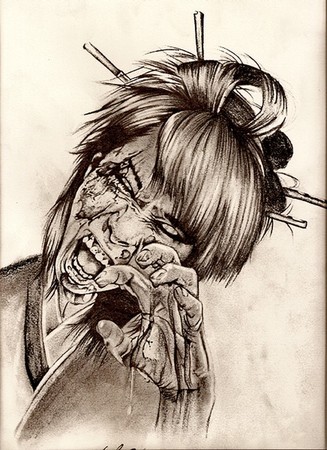 327x450 Cecil Porter Tattoos Original Art Pencil Zombie Geisha - Tattoo Sketch Art