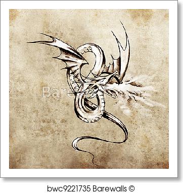 362x382 Art Print Of Medieval Dragon Figure. Sketch Of Tattoo Art Over - Tattoo Sketch Paper