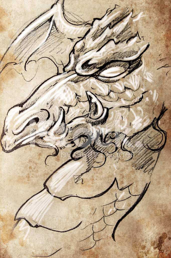 682x1024 Dragon, Tattoo Sketch, Handmade Design Over Vintage Paper Stock - Tattoo Sketch Paper