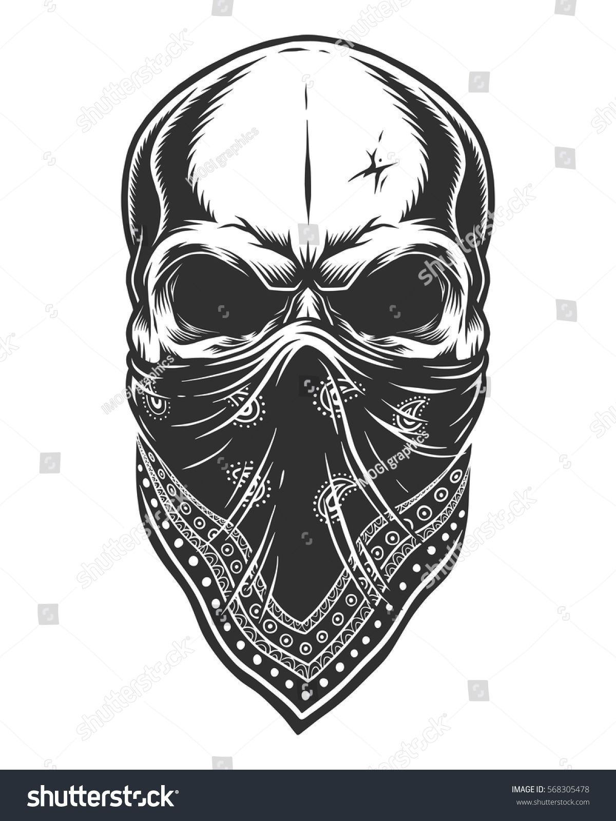 1200x1600 Illustration Of Skull In Bandana On Face. Monochrome Line Work - Tattoo Skull Sketch