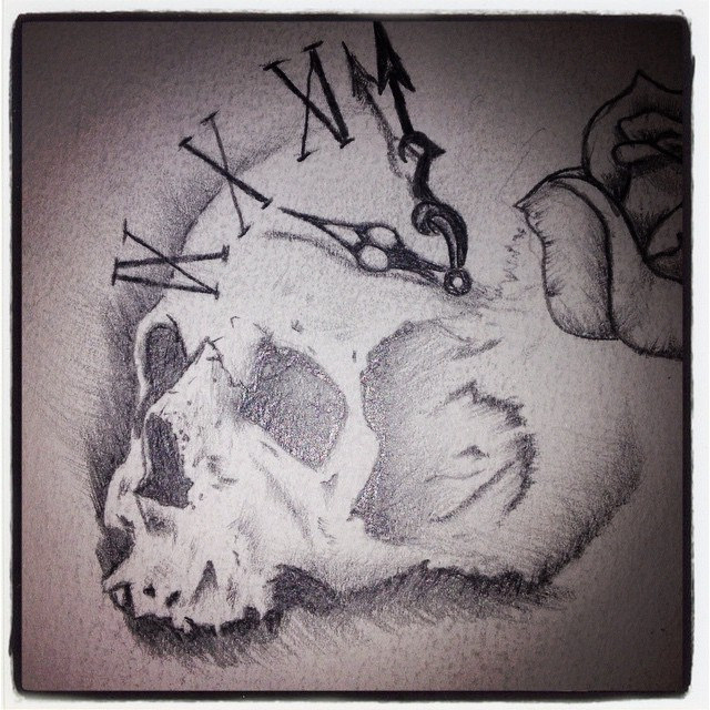 640x640 Skull And Clock Sketch. - Tattoo Skull Sketch