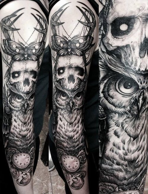 500x653 Skull And Owl Gothic Tattoo Sleeve Fightforthehorde. - Tattoo Sleeve Sketches