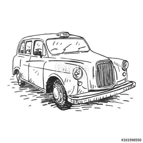 500x500 Retro Taxi. Vintage Transport. Old Times. Vector Hand Drawn Sketch - Taxi Sketch