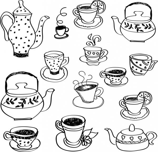 600x578 Tea Cup Pot Icons Black White Handdrawn Sketch Free Vector In - Tea Cup Sketch