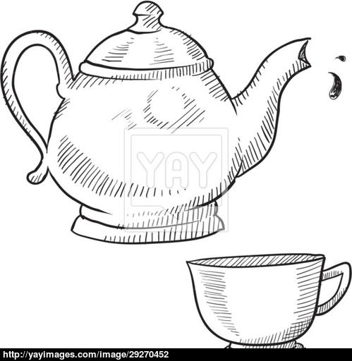 499x512 Coffee Or Teapot And Cup Sketch Vector - Tea Kettle Sketch