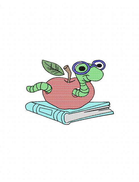 489x640 Worm With Books And Apple Sketch Embroidery Design - Teacher Sketch