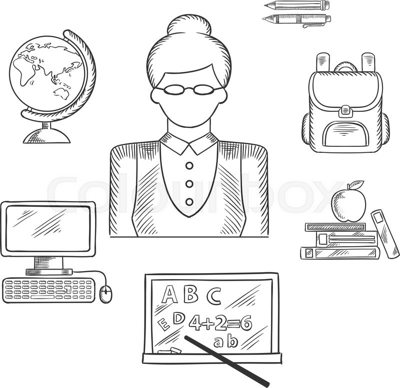 800x777 Teacher Profession Sketched Icons With Woman In Glasses Surrounded - Teacher Sketch Images