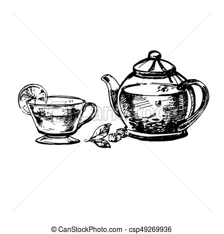 450x470 Sketch Of Food. Hand Drawn Sketch Of Teacup And Teapot. Vintage - Teacup Sketch