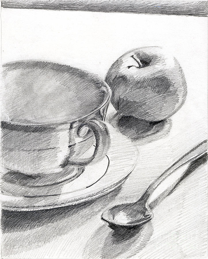 723x900 Teacup With Apple And Spoon Drawing By John Castell - Teacup Sketch