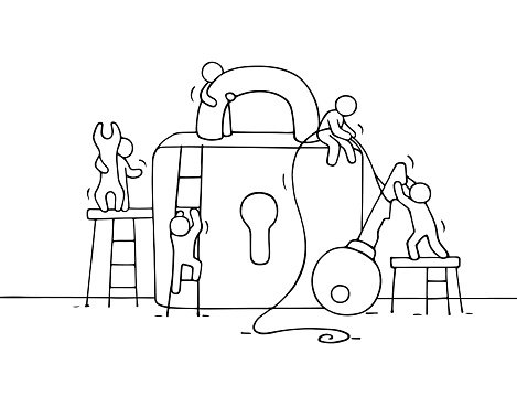 469x369 Sketch Of Working Little People With Lock, Premium Clipart - Teamwork Sketch