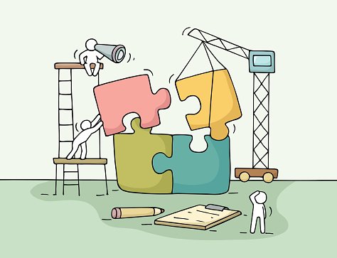 474x363 Sketch Of Working Little People With Puzzle, Premium Clipart - Teamwork Sketch