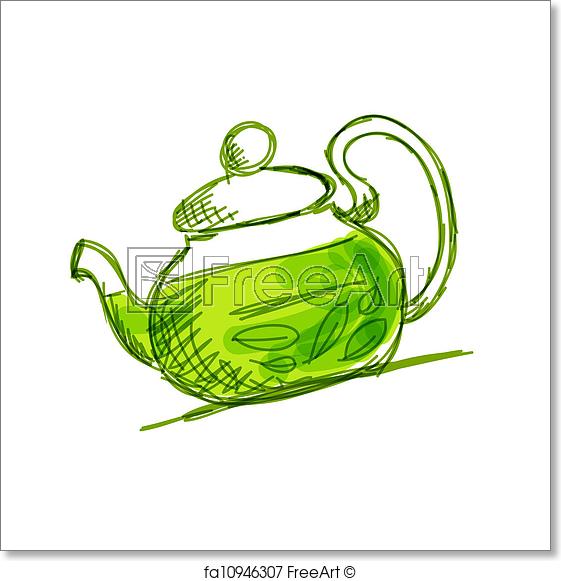 561x581 Free Art Print Of Teapot Sketch With Green Tea For Your Design - Teapot Sketch