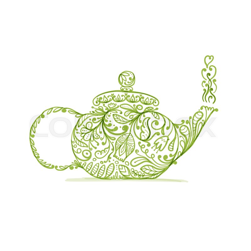 800x800 Teapot Sketch With Green Tea For Your Design Stock Vector - Teapot Sketch