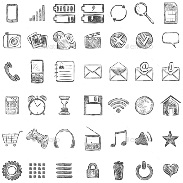 590x590 Set Of Sketch Mobile Icons By Nikiteev Graphicriver - Technology Sketch