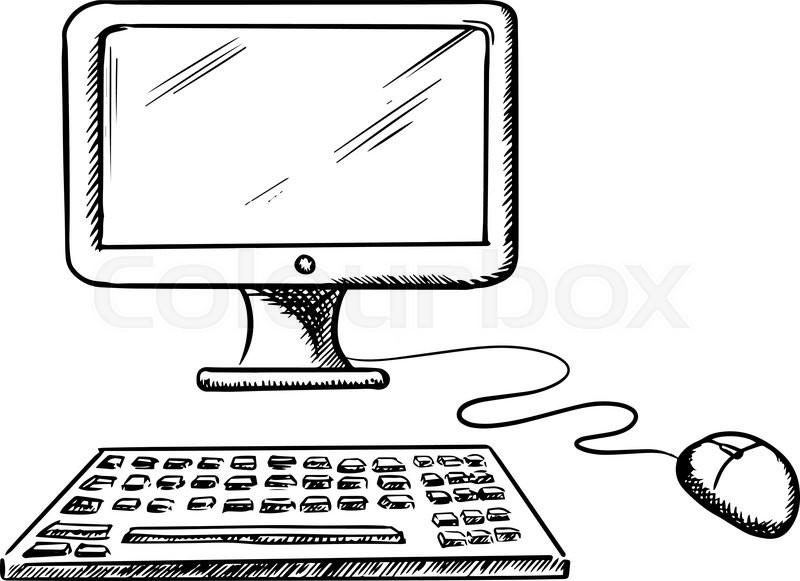 800x581 Desktop Computer With Monitor, Mouse And Keyboard Isolated On - Technology Sketch