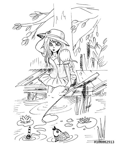 400x500 Sketch Of Anime Girl. Vector Illustration. Teen Girl Fishing In A - Teen Sketch