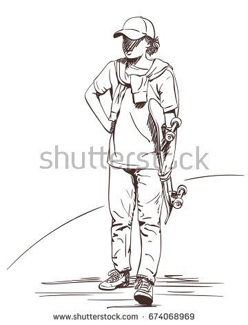 360x470 Sketch Of Boy Teenager In Cap And Sweater On His Shoulders Stands - Teenager Sketch