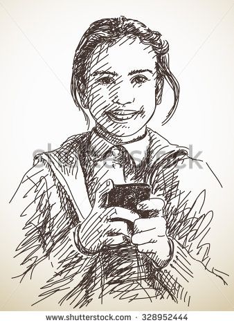 338x470 Teenager Girl Using Smart Phone, Vector Sketch, Hand Drawn - Teenager Sketch