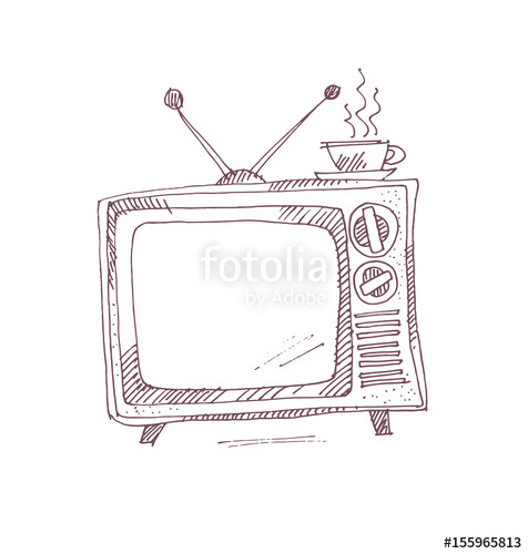 476x500 Vintage Tv Set In Sketch Graphic Style. Hand Drawn Vector - Television Sketch