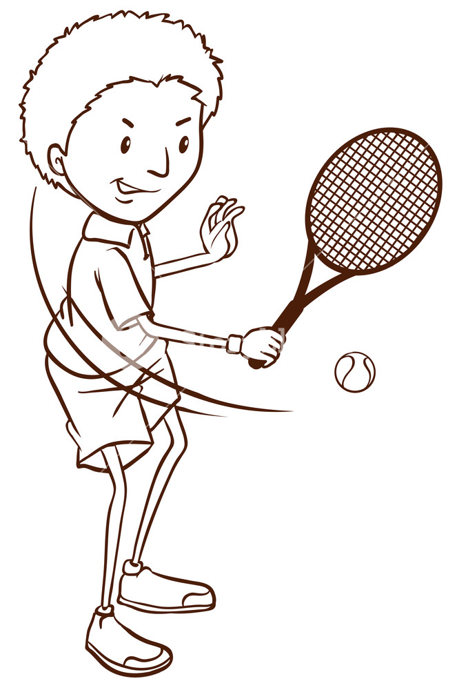 663x1000 Illustration Of A Simple Sketch Of A Boy Playing Tennis On A White - Tennis Racket Sketch