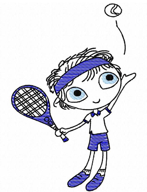 489x640 Swirly Boy Tennis Player Sketch Embroidery Design - Tennis Sketch