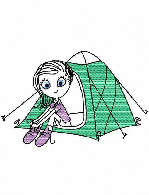 489x640 Swirly Girl Camping With Tent Sketch Embroidery Design - Tent Sketch
