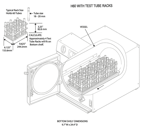 500x450 Priorclave Pna Qcs H60 High Efficiency Benchtop Autoclave, 60l - Test Tube Rack Sketch