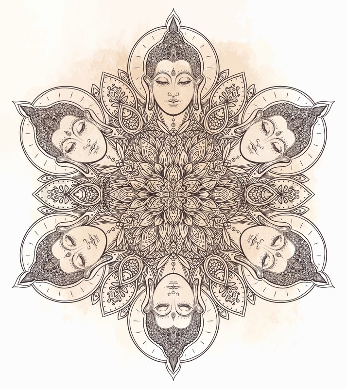 712x800 Buddha Faces In Ornate Mandala Round Pattern. Esoteric Vintage - Thai Buddha Sketch