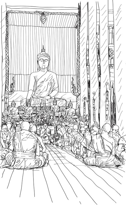 493x800 Buddhist Monks Praying - Thai Buddha Sketch