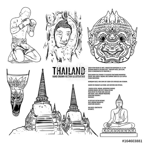 500x500 Thailand Tourism. Hand Draw Thai Landmark Vector Illustration - Thai Buddha Sketch