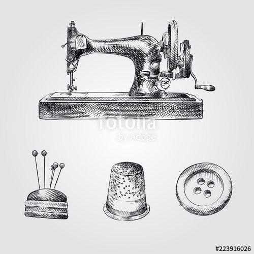 500x500 Hand Drawn Sewing Sketches Set. Collection Of Sewing Machine - Thimble Sketch