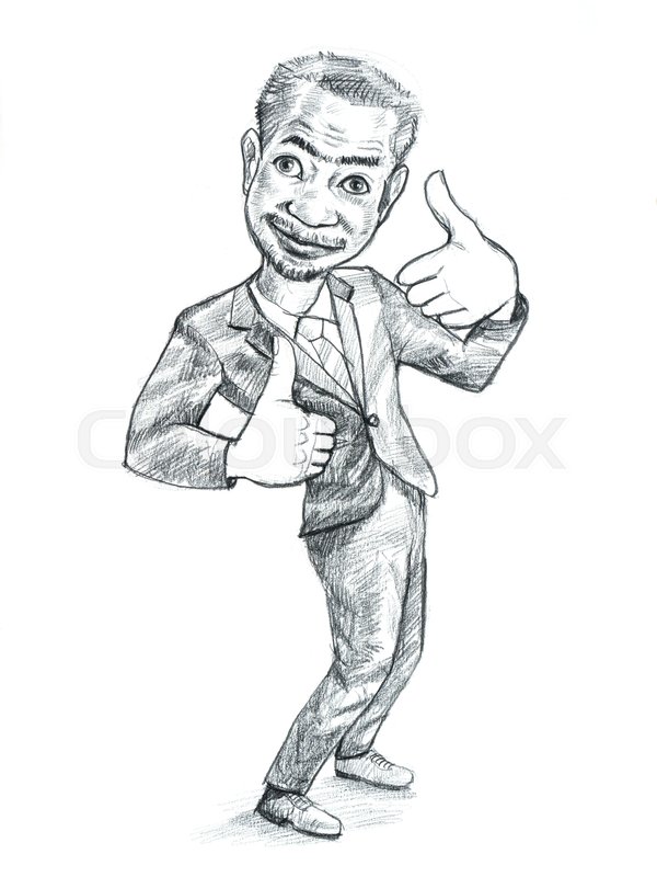 600x800 Pencil Drawing Caricature Of Businessman Showing Two Thumbs Up - Thumbs Up Sketch