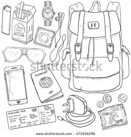 450x470 Vector Sketch Travel Set. Backpack, Ticket, Charger, Money - Ticket Sketch