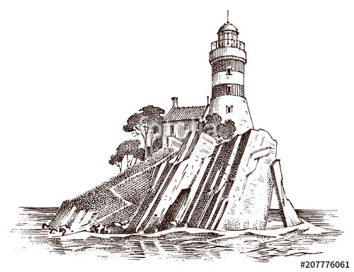 500x384 Lighthouse And Sea. Marine Sketch, Nautical Journey And Seascape - Tidal Wave Sketch