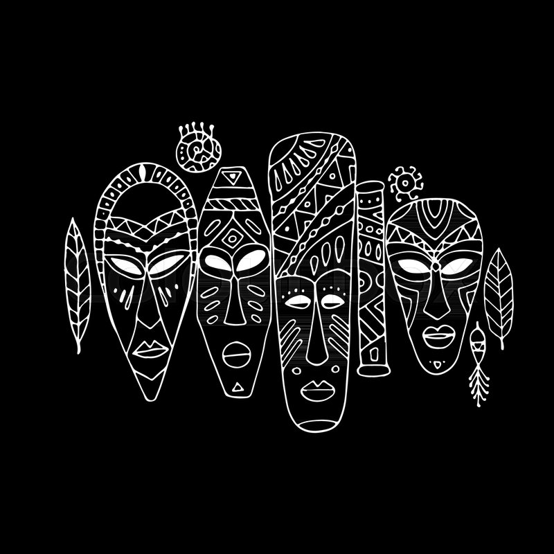 800x800 Tribal Mask Ethnic Set, Sketch For Your Design. Vector - Tiki Mask Sketch