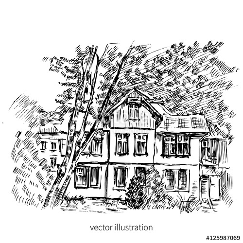 500x500 Vintage Tile Old European House, Vector Graphic Illustration - Tile Sketch