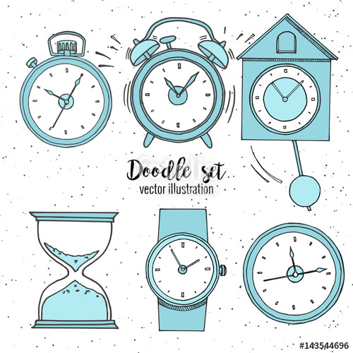 500x500 Set Of Doodle Sketch Watches. Alarm Clocks, Sand Glasses, Stop - Timer Sketch